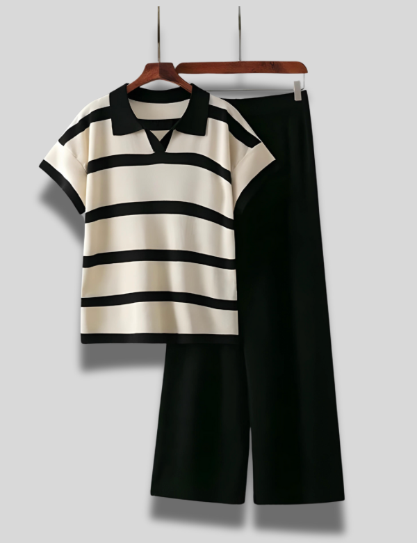 Loose Striped Knitted POLO Neck T-shirt with Pants