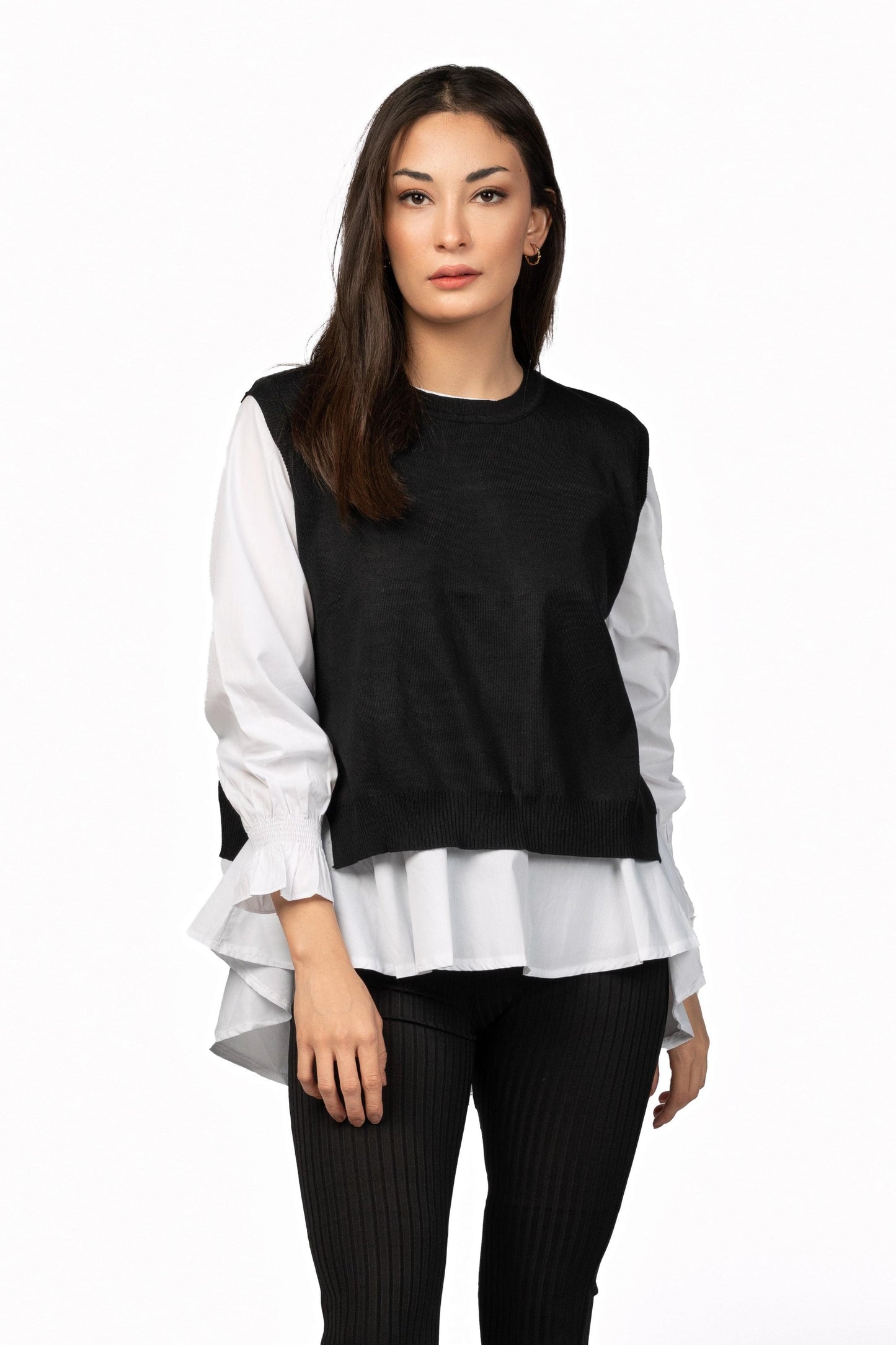 Shirt with ruffled cuffs along with sweater Ramay