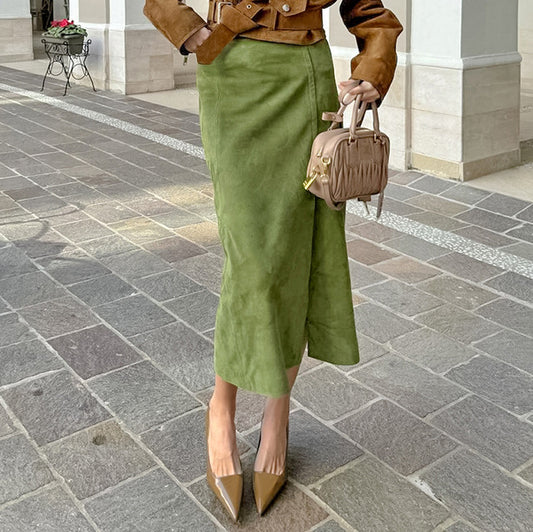 Retro Green Suede Split High Waist Skirt