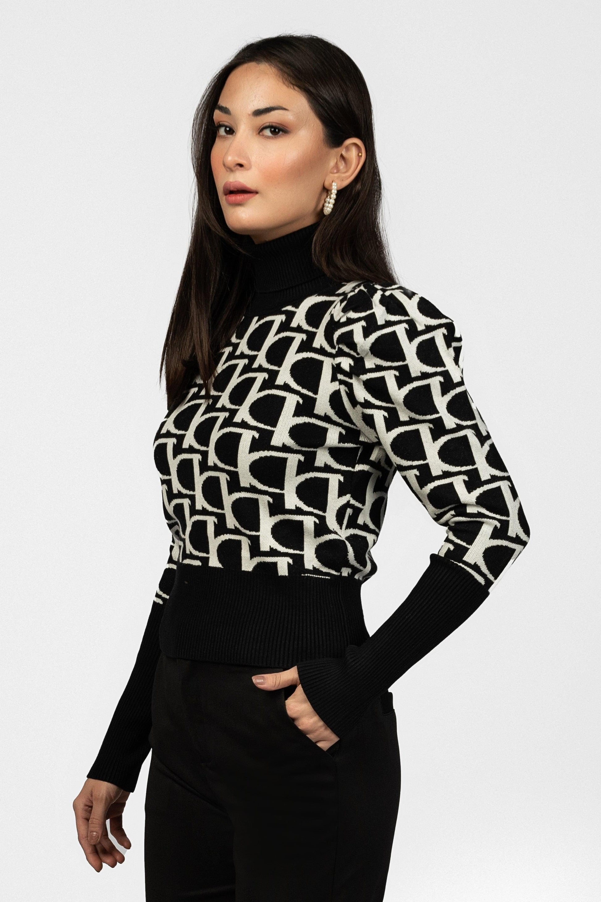 Black Pattern Turtle Neck Ramay