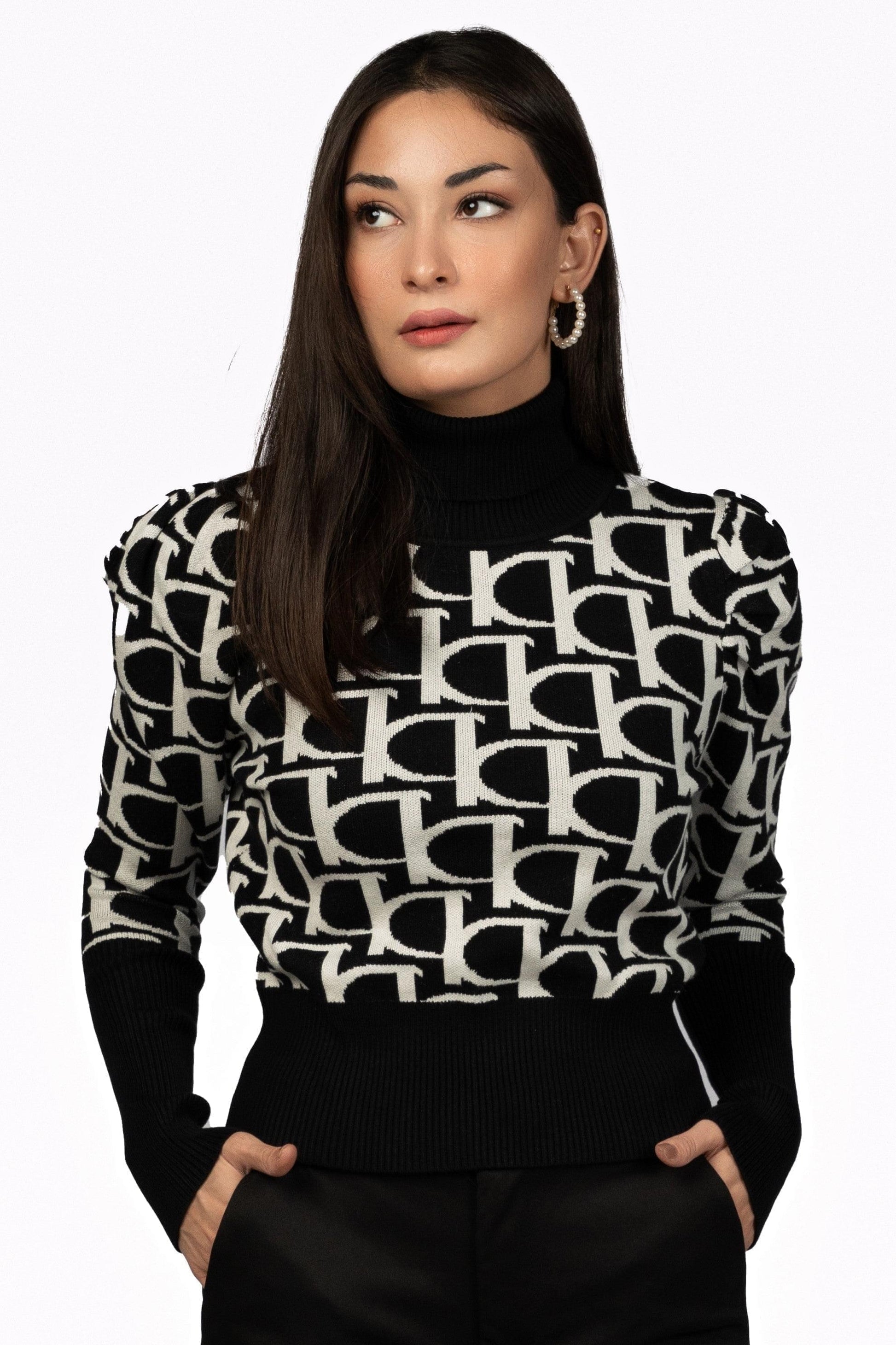 Black Pattern Turtle Neck Ramay