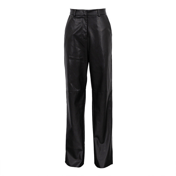 High Waist Leather Straight Pants Ramay