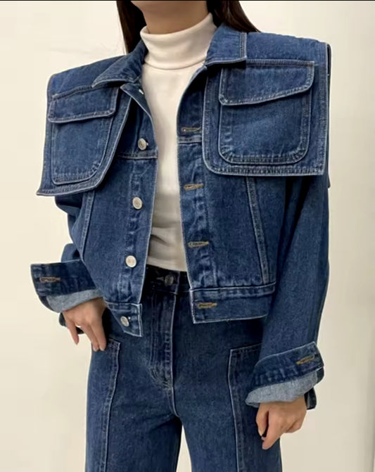 Double Pockets Shawl Blue Denim Jacket