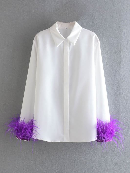 Ostrich-Feathered Long Sleeve Shirt Ramay