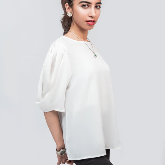 Puff Sleeved Solid Colored Chiffon Top Ramay