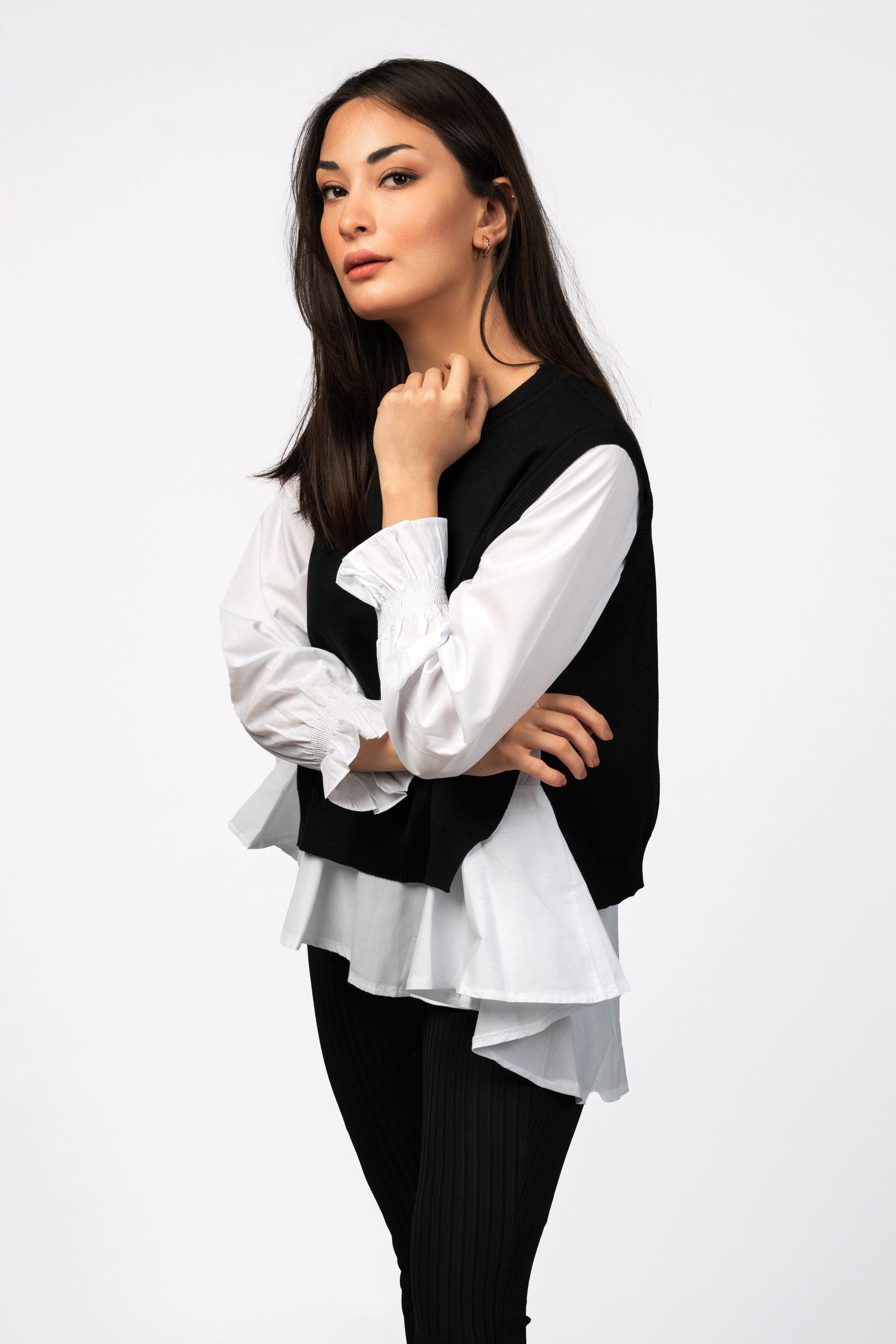 Shirt with ruffled cuffs along with sweater Ramay