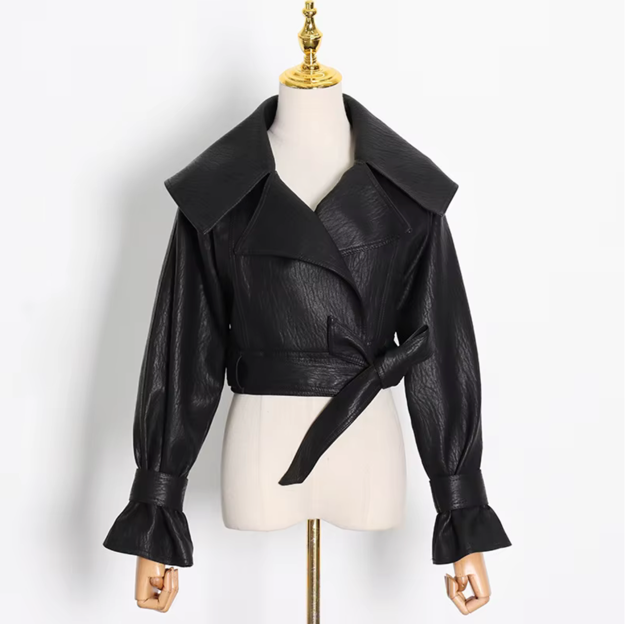 Faux Leather V-neck Bow Tie Jacket